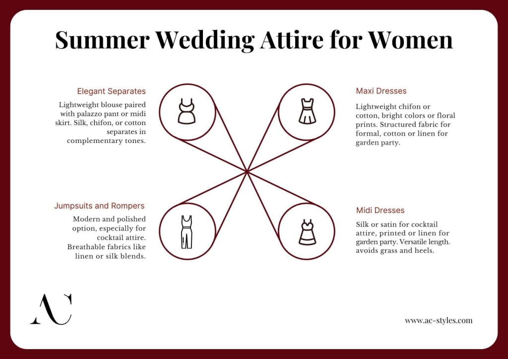 Infographic titled "Summer Wedding Attire for Women" with descriptions and icons for elegant separates, maxi dresses, jumpsuits and rompers, and midi dresses—perfect options to fit any summer wedding dress code or pair with casual wedding attire.